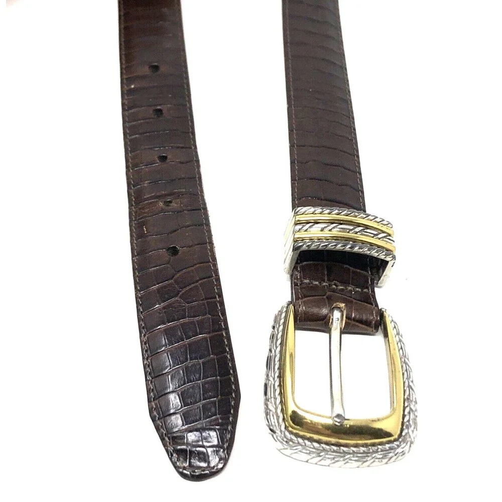 Brighton Croc Embossed Leather Belt Womens M/30 Brown Silver Gold Buckle Glam
